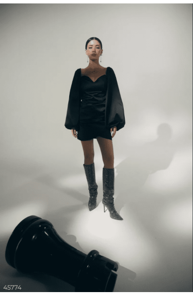 Black mini dress with puff sleeves